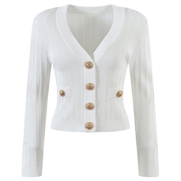 Vida V-neck Knit Cardigan with Gold Buttons - SunsetFashionLA